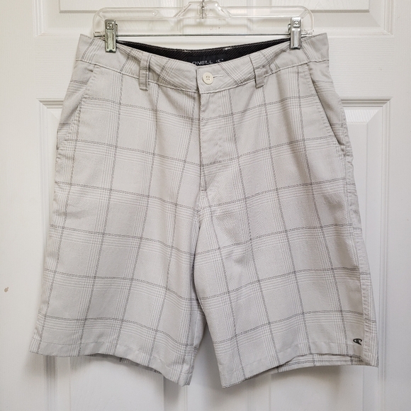 O'Neill White Gray Check Plaid Preppy Summer Surf Skate BMX Chino Shorts - Picture 1 of 5